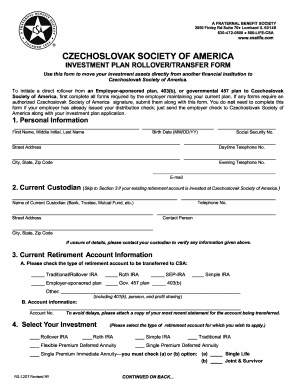 Czechoslovak Society of America Investment Plan Rollover/Transfer Form