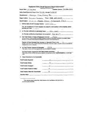 Equipment Safety Recall Quarterly Report