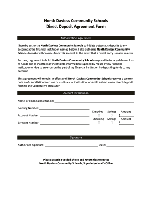 North Daviess Community Schools Direct Deposit Agreement Form