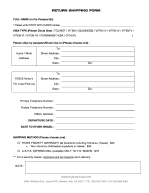 Brazil Visa Return Shipping Form