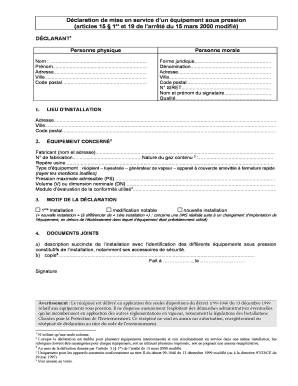 Déclaration de mise en service d’un équipement sous pression