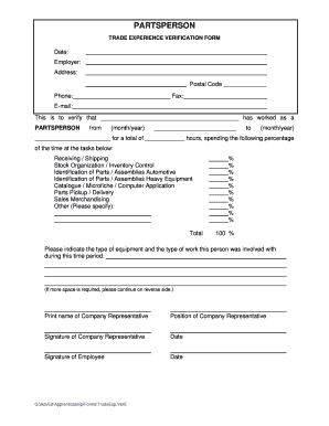 Parts Person Trade Experience Verification Form