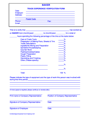 Baker Trade Experience Verification Form