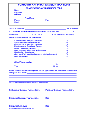 Community Antenna Television Technician Trade Experience Verification Form
