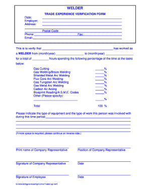 Welder Trade Experience Verification Form
