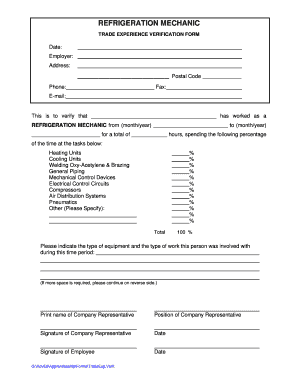 Refrigeration Mechanic Trade Experience Verification Form