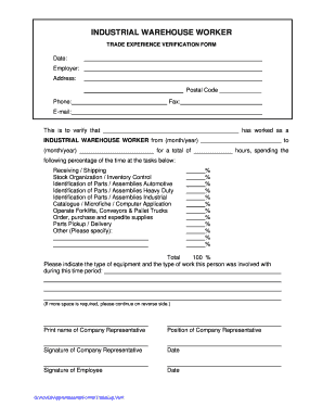 Industrial Warehouse Worker Trade Experience Verification Form