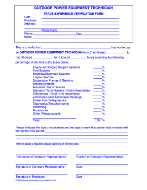 Outdoor Power Equipment Technician Trade Experience Verification Form