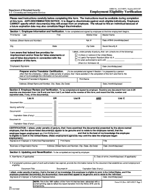 US Employment Eligibility Verification Form I-9