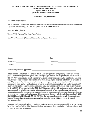 Employee Assistance Program Grievance Complaint Form