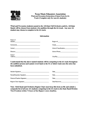 Texas Music Educators Association Wind and Percussion Declaration of Intent Form