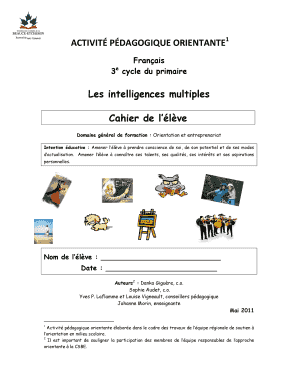 Cahier de l’élève sur les intelligences multiples
