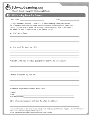 IEP Planning Form for Parents