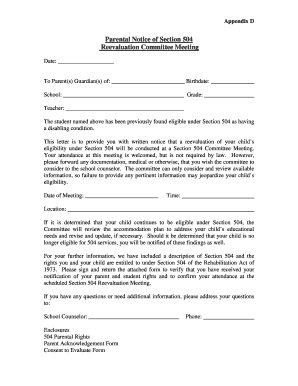 Parental Notice of Section 504 Reevaluation