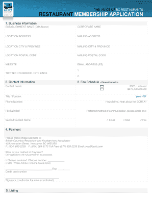 British Columbia Restaurant Membership Application