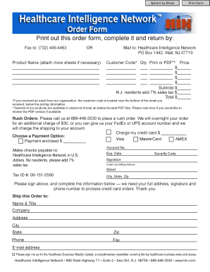 Healthcare Intelligence Network Order Form