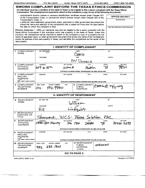 Texas Ethics Commission Sworn Complaint Form