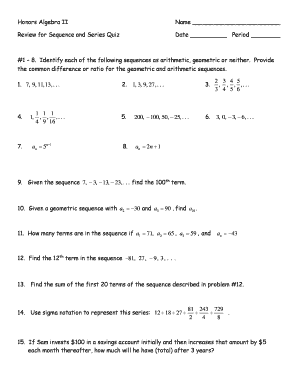 Honors Algebra II Sequence and Series Quiz
