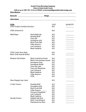 Grand Teton Brewing Company Point of Sale Order Form