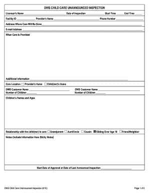DWS Child Care Unannounced Inspection Form