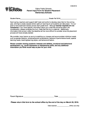 Parent Input Form for Student Placement