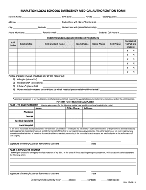 Mapleton Local Schools Emergency Medical Authorization Form