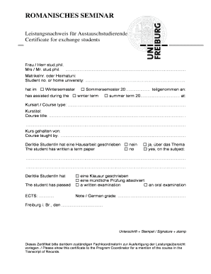 Leistungsnachweis für Austauschstudierende