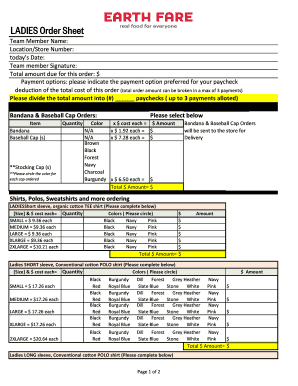 Ladies Uniform Order Sheet