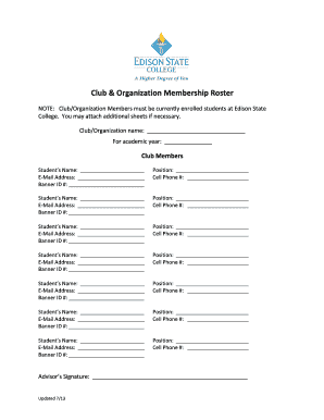 Club Membership Roster Form