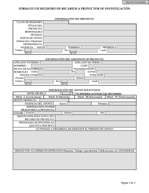 FORMATO DE REGISTRO DE BECARIOS A PROYECTOS DE INVESTIGACIÓN