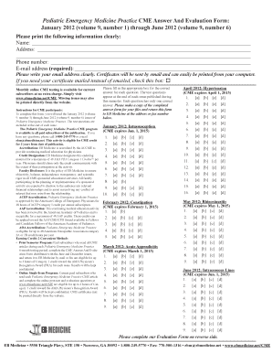 Pediatric Emergency Medicine CME Answer And Evaluation Form