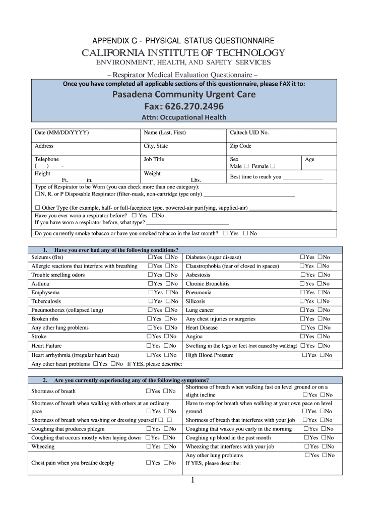 Fillable Online safety caltech Respirator Medical Evaluation