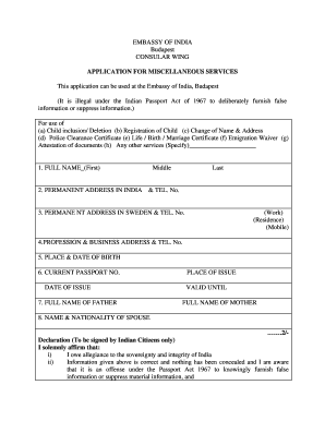 India Miscellaneous Consular Services Application