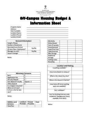 Off-Campus Housing Budget Information Sheet