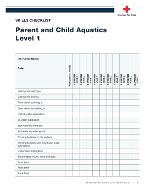 Parent and Child Aquatics Level 1 Skills Checklist