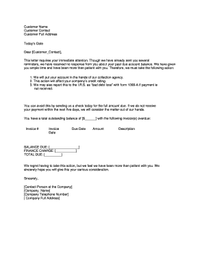 Sample Take Action Letter n this sample letter you can see that the writer is done giving notice to the writer about his or her debt and has taken action