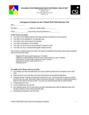 9 Month Well Child Anticipatory Guidance Form