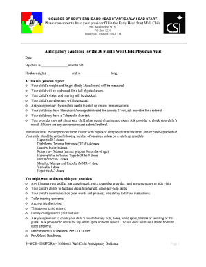 Early Head Start Well Child Anticipatory Guidance Form