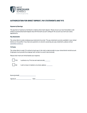 Authorization for Direct Deposit, Pay Statements and T4s