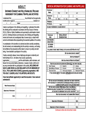 Adult Medical Information and Consent for Climbing and Rappelling