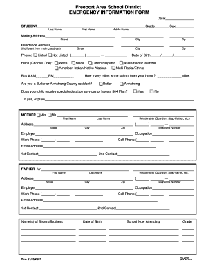 Freeport Area School District Emergency Information Form