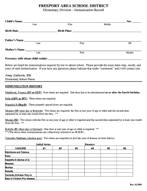 Elementary School Immunization Record
