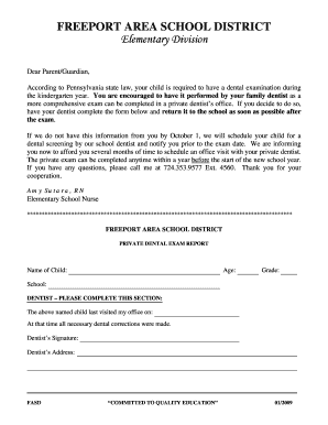 Pennsylvania Kindergarten Dental Exam Form