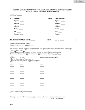 North Carolina CAP/C Notice to Discontinue Participation