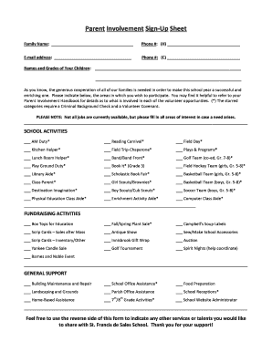 Parent Involvement Sign-Up Sheet - St Francis de Sales Catholic