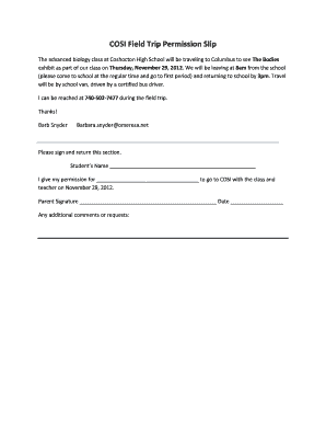 COSI Field Trip Permission Slip - Coshocton High School