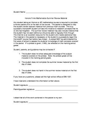 Honors Finite Mathematics Summer Review Packet