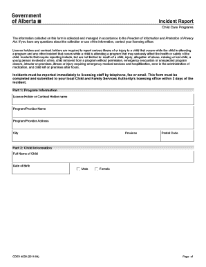Incident Report Form for Child Care Programs