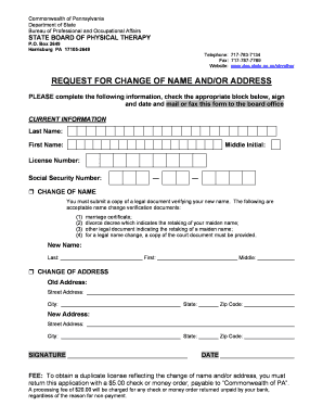 Pennsylvania Physical Therapy Name/Address Change Request