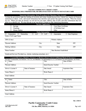 Pacific Community Credit Union Business Account Signature Card